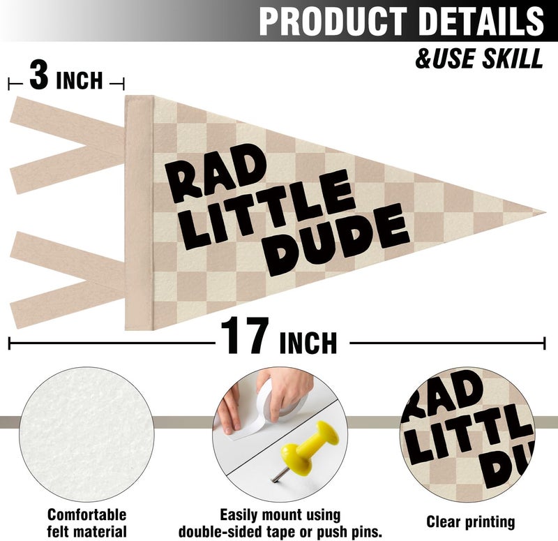 JXREQ Rad Little Dude Pennants Banners Flags for Kids Boys Room Decor, Trendy Retro Neutral Checkered Kids Canvas Wall Art Decor for Toddler Room Nursery Playroom, 8x17 Inch - Image 2
